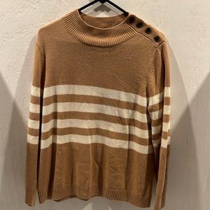 Candace Cameron Bure, striped tan and cream button shoulder sweater.